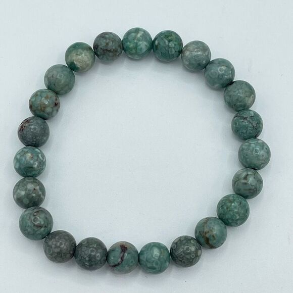 Coral jasper beaded bracelet 7” stretch crystal healing handmade anxiety fears p - Picture 3 of 8